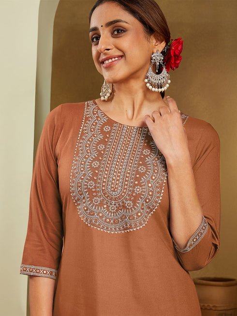 Janasya Women's Brown Rayon Embroidered Straight Kurta